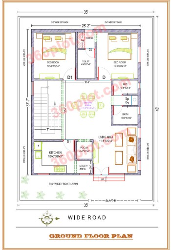 35x48 2D Floor Plan of House Ground Floor (1680 sqft) Sample 92