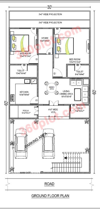30x60 2D Floor Plan of House Ground Floor (1800 sqft) Sample 95