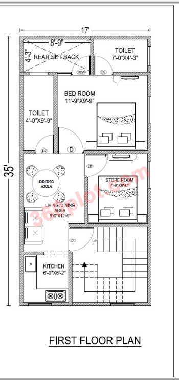 17x35 2D Floor Plan of House First Floor (595 sqft) Sample 98