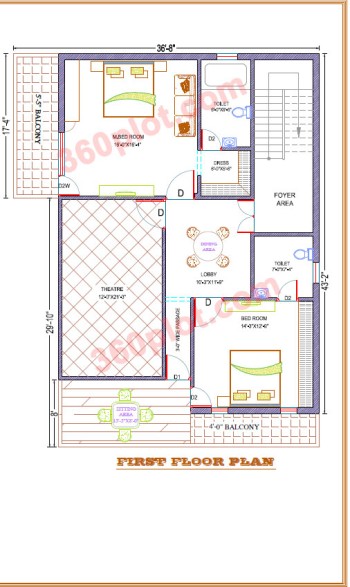 37x43 2D Floor Plan of House First Floor (1591 sqft) Sample 89