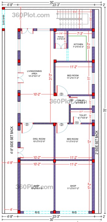 30x70 2d floor plan with 2 Shops Sample 142