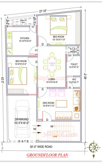 43x27 2 Bedroom 1 Floor House Plan