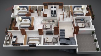 3D floor plan of 4 BHK house