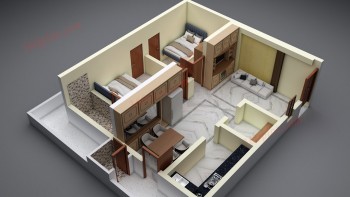 3D floor plan of 2BHK House