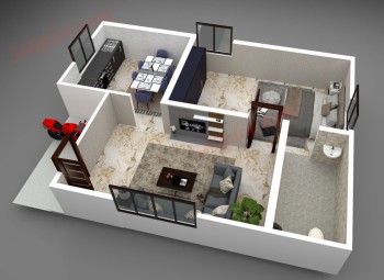 3D floor plan of 1 BHK house Sample 65